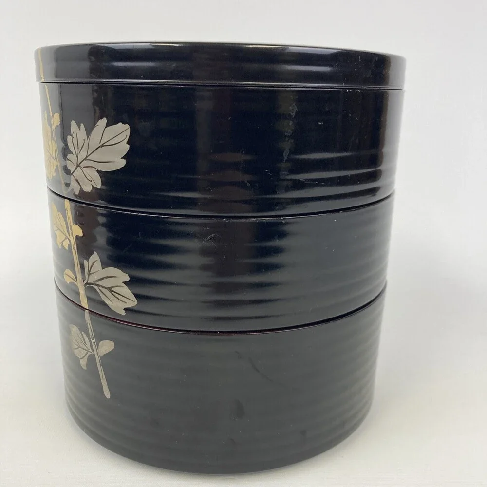 VTG Japan Round 3 Tier Floral Black Laquerware Plastic Trinket Box Lined